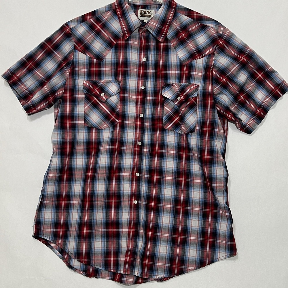 Ely Cattleman Pearl Snap Short Sleeve Plaid Shirt Red‎ Blue Cowboy Rodeo Men L
